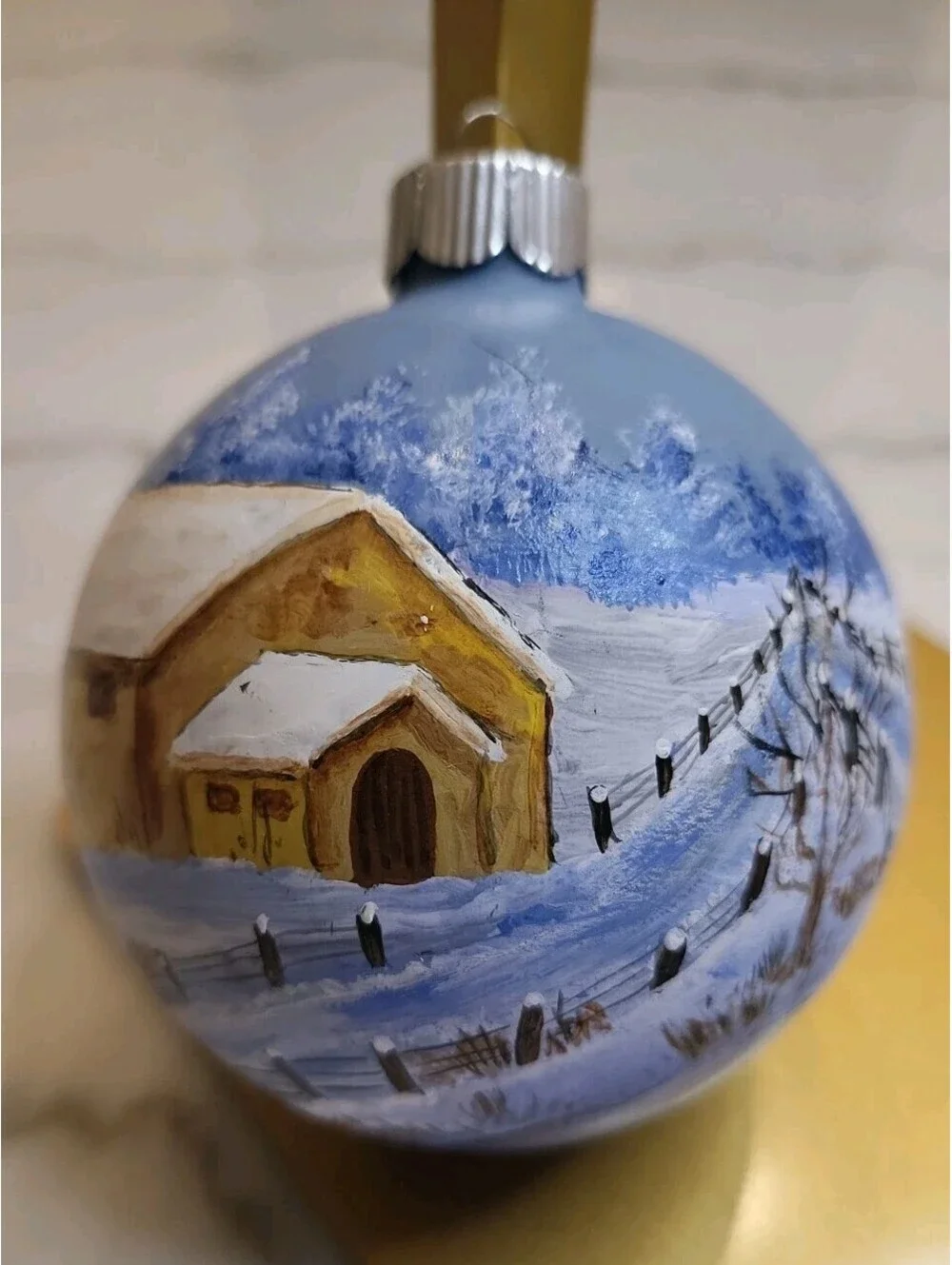 Vtg Glass Hand Painted Signed Ornament EUC Winter Snow Day Farm Scene 3.5” OOAK